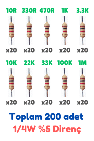 Direnç Seti 1/4W %5 200 Parça 10 Çeşit | 10R 330R 470R 1K 3.3K 10 22k 33k 100k 1M