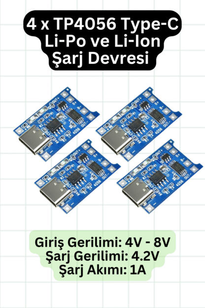 4'lü TP4056 Type-C Korumalı 18650 1S LiPo Pil Şarj Modülü