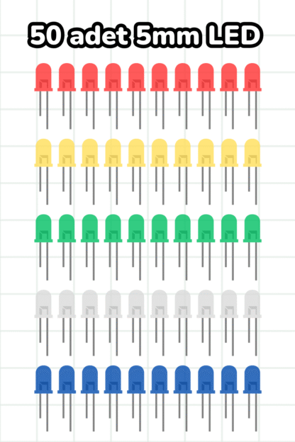 50 Adet 5mm LED Seti - 5 Renk (Kırmızı, Sarı, Yeşil, Beyaz, Mavi)