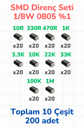 SMD Direnç Seti 1/8w 0805 %1 200 Parça 10 Çeşit | 10R 330R 470R 1K 3.3K 10K 22K 33K 100K 1M