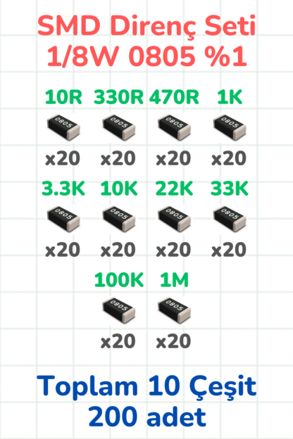 SMD Direnç Seti 1/8w 0805 %1 200 Parça 10 Çeşit | 10R 330R 470R 1K 3.3K 10K 22K 33K 100K 1M